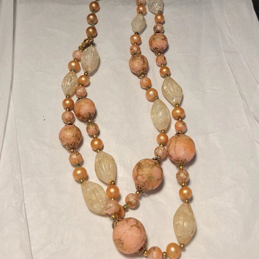 Rare Vintage Trafari Pink Bead, Iridescent White Beads, and Pink Faux Pearl Neck